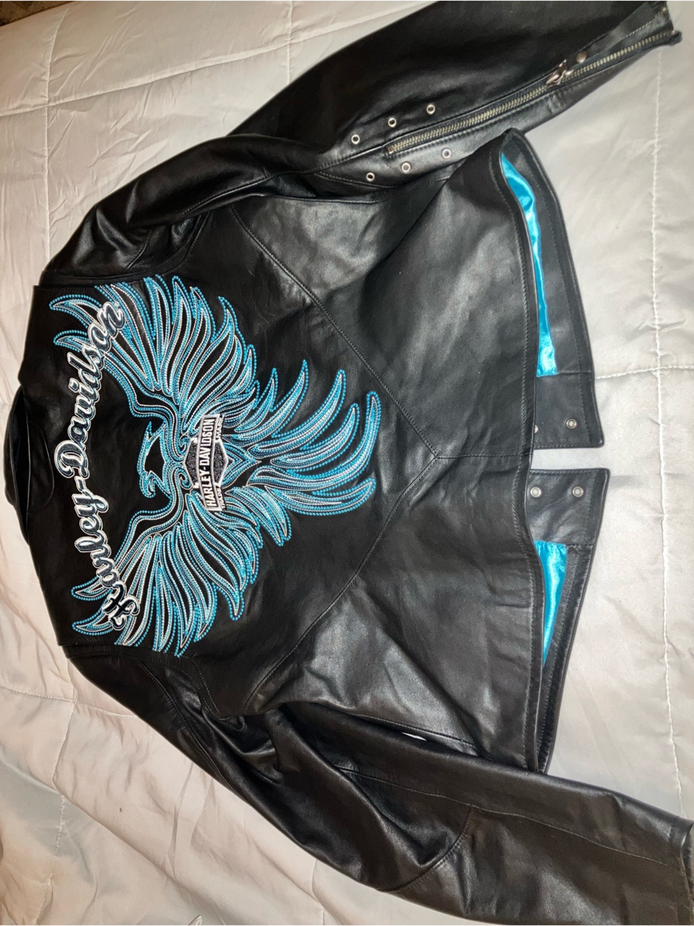 Harley-Davidson Black Leather Riding Jacket with Teal Embroidered Eagle - Picture 2 of 5